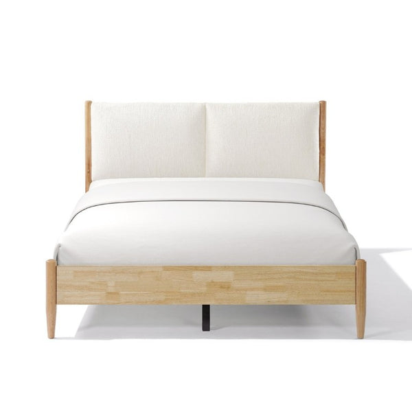 English Elm Queen Platform Bed Natural Wood Frame Beige Upholstered Headboard Low Profile Design N758P306699N