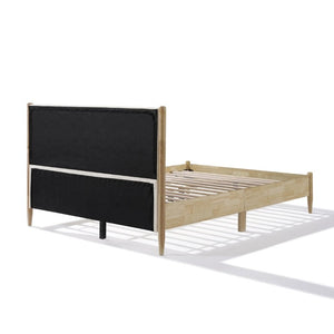 English Elm Queen Platform Bed Natural Wood Frame Beige Upholstered Headboard Low Profile Design N758P306699N