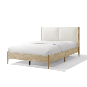 English Elm Queen Platform Bed Natural Wood Frame Beige Upholstered Headboard Low Profile Design N758P306699N
