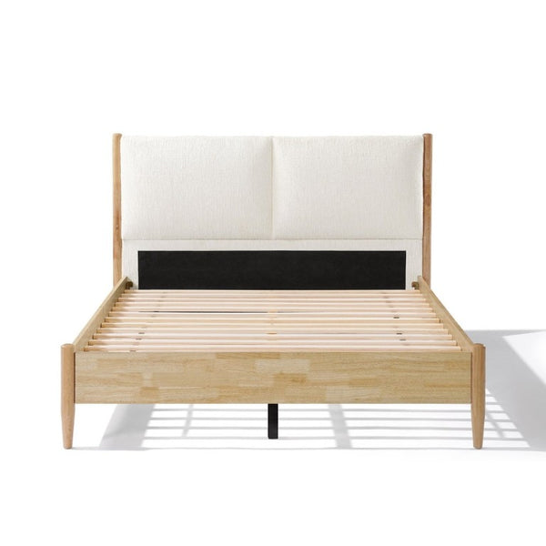 English Elm Queen Platform Bed Natural Wood Frame Beige Upholstered Headboard Low Profile Design N758P306699N