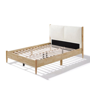 English Elm Queen Platform Bed Natural Wood Frame Beige Upholstered Headboard Low Profile Design N758P306699N