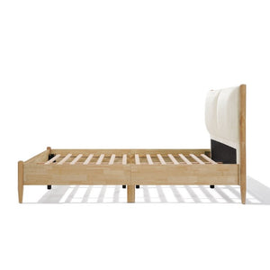 English Elm Queen Platform Bed Natural Wood Frame Beige Upholstered Headboard Low Profile Design N758P306699N