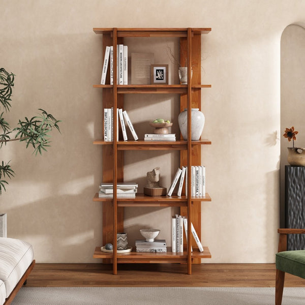 English Elm 4-tier Solid Acacia Wood Tall Open Bookshelf for Living Room or Home Office Display Teak N758P386640T