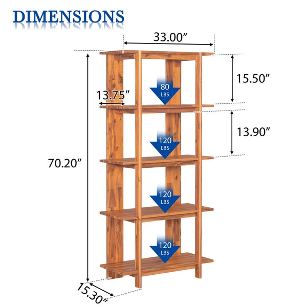 English Elm 4-tier Solid Acacia Wood Tall Open Bookshelf for Living Room or Home Office Display Teak N758P386640T