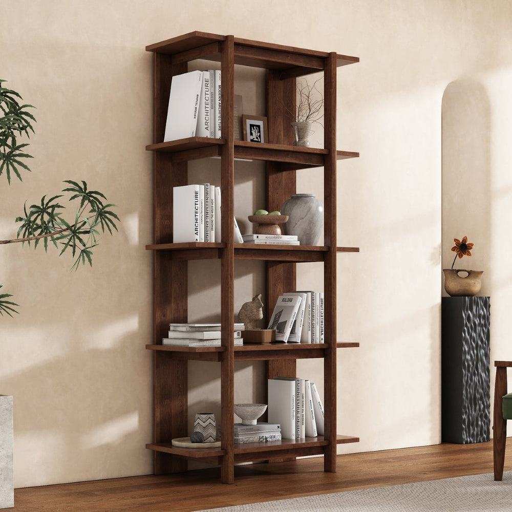 English Elm 4-tier Solid Acacia Wood Tall Open Bookshelf for Living Room or Home Office Display Walnut N758P386640W