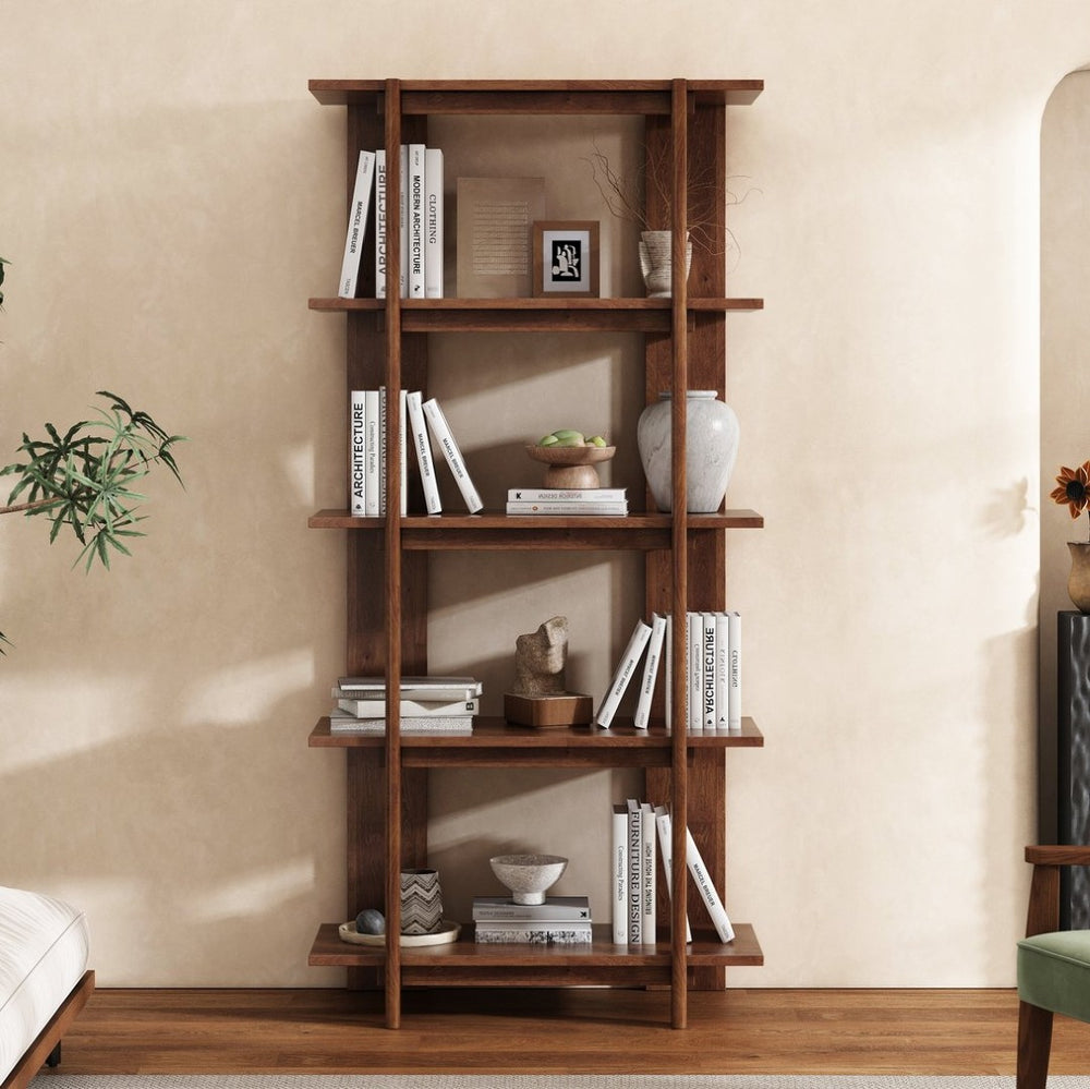 English Elm 4-tier Solid Acacia Wood Tall Open Bookshelf for Living Room or Home Office Display Walnut N758P386640W
