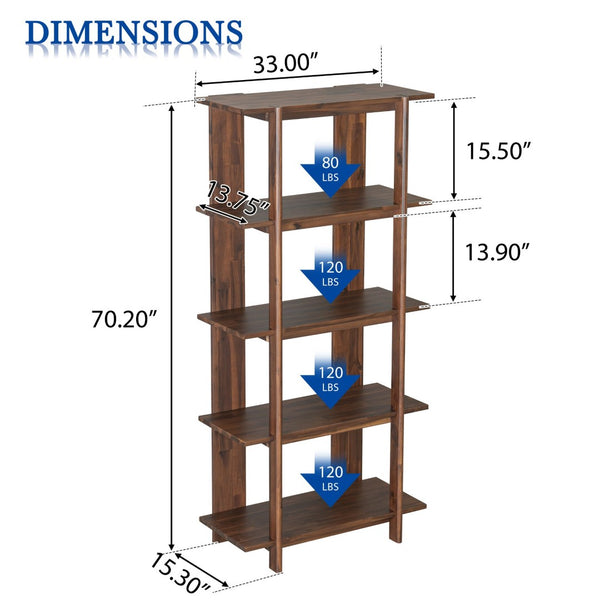 English Elm 4-tier Solid Acacia Wood Tall Open Bookshelf for Living Room or Home Office Display Walnut N758P386640W