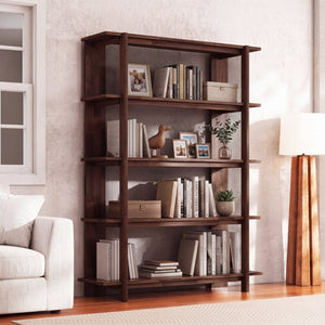 English Elm Big Solid Acacia Four Tier Open Bookshelf Walnut Finish Tall Living Room Storage N758P386644W