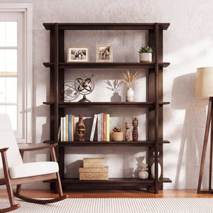 English Elm Big Solid Acacia Four Tier Open Bookshelf Walnut Finish Tall Living Room Storage N758P386644W