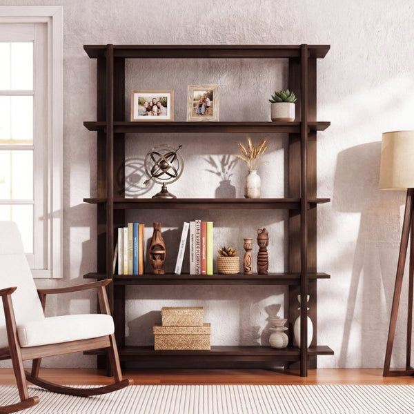 English Elm Big Solid Acacia Four Tier Open Bookshelf Walnut Finish Tall Living Room Storage N758P386644W