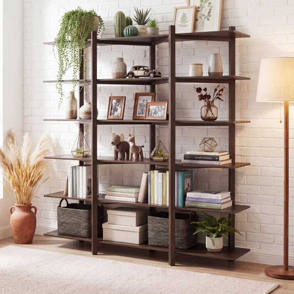 English Elm Walnut Acacia Six Tier Open Bookshelf Mid-Century Grid Display Unit for Living Room N758P412462W