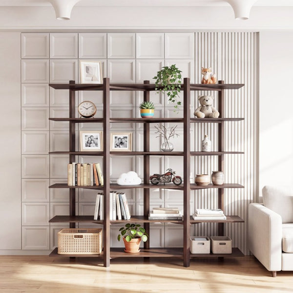 English Elm Walnut Acacia Six Tier Open Bookshelf Mid-Century Grid Display Unit for Living Room N758P412462W