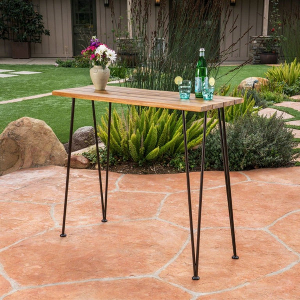 English Elm Denali Acacia Wood Outdoor Bar Table with Hairpin Iron Legs Teak Finish Patio N758P452732N