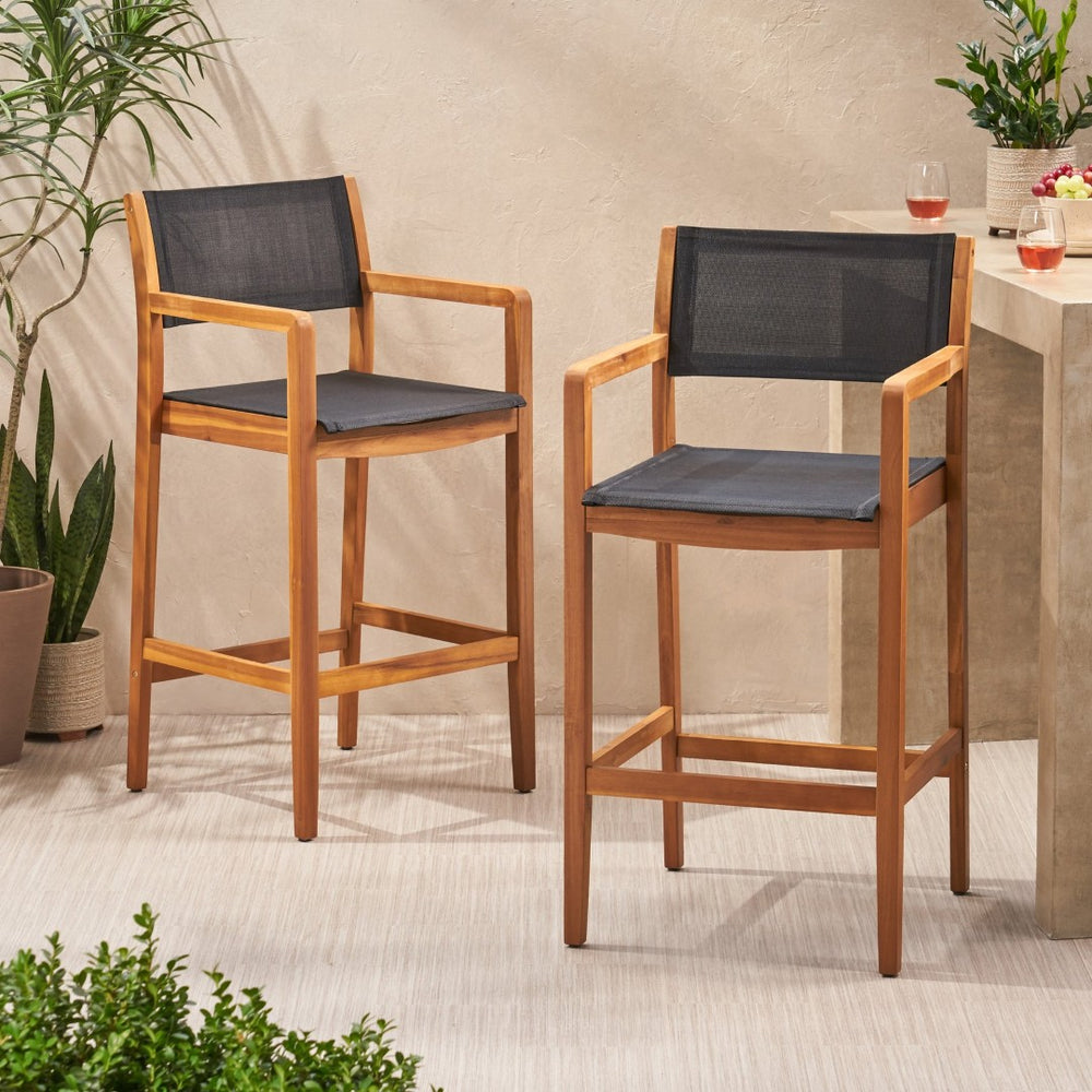 English Elm Fairfax Acacia Wood Outdoor Bar Stools with Woven Rattan Seats Set of Two N758P473804T