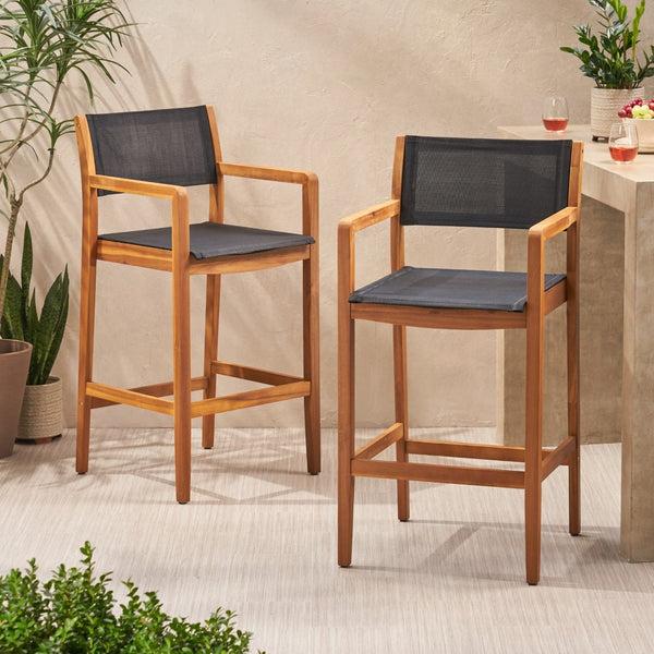 English Elm Fairfax Acacia Wood Outdoor Bar Stools with Woven Rattan Seats Set of Two N758P473804T