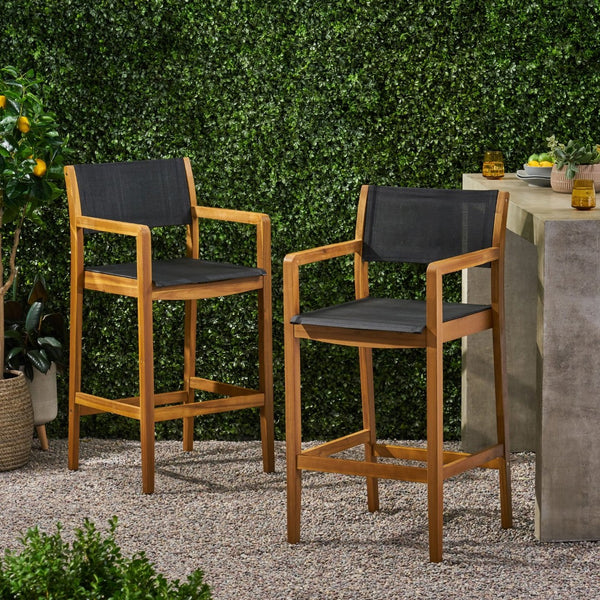 English Elm Fairfax Acacia Wood Outdoor Bar Stools with Woven Rattan Seats Set of Two N758P473804T