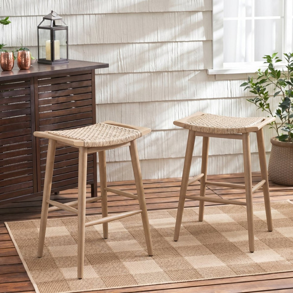 English Elm Jace Outdoor Barstool Set Acacia Wood Faux Rattan Woven Seat Patio Bar Dining N758P473908T