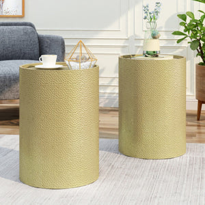 English Elm Metal Hammered Iron Accent Table Set of Two Cylindrical Industrial Modern Decor Gold N758P481464G