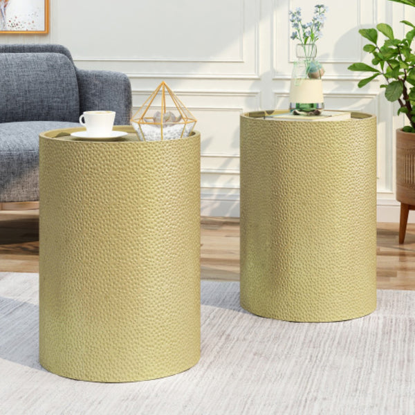 English Elm Metal Hammered Iron Accent Table Set of Two Cylindrical Industrial Modern Decor Gold N758P481464G