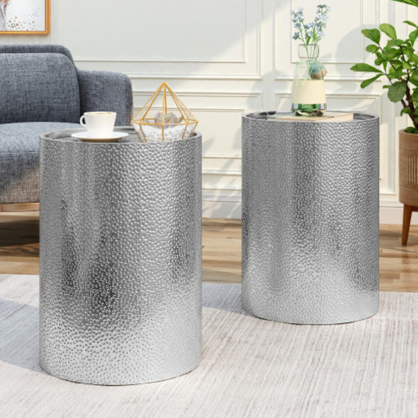English Elm Metal Hammered Iron Accent Table Set of Two Cylindrical Industrial Modern Decor Silver N758P481464S