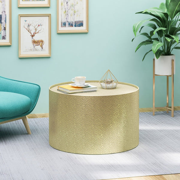 English Elm Gold Hand-Hammered Iron Round Coffee Table Low Profile Industrial Living Room Accent N758P481470G