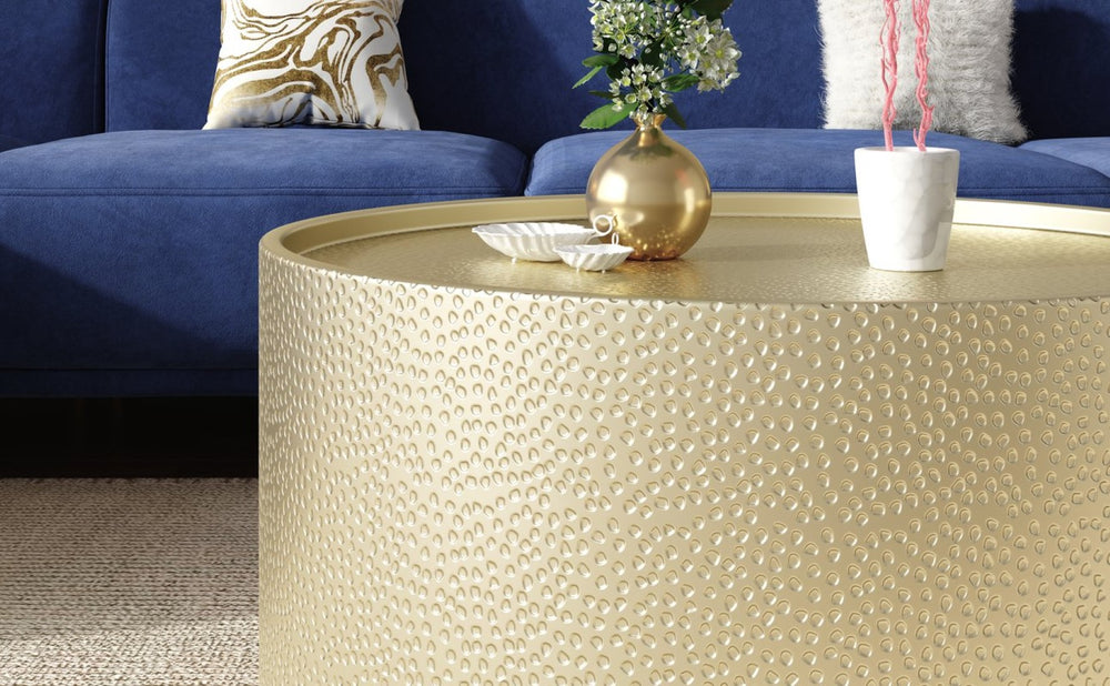 English Elm Gold Hand-Hammered Iron Round Coffee Table Low Profile Industrial Living Room Accent N758P481470G