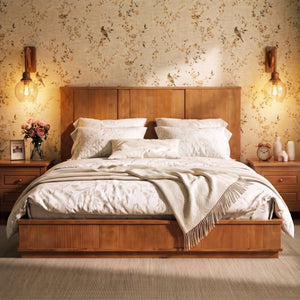 English Elm King Solid Pine Bed Frame with Tall Panel Headboard Honey Stain Farmhouse Style N758P482009N