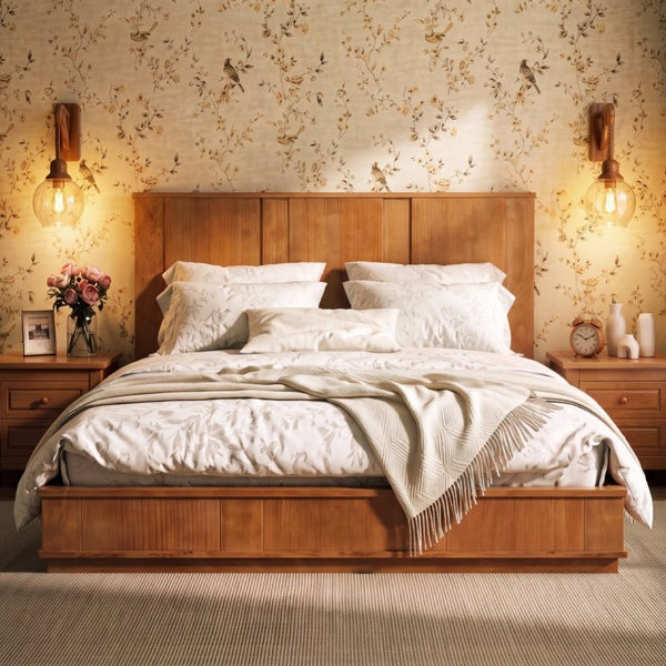 English Elm King Solid Pine Bed Frame with Tall Panel Headboard Honey Stain Farmhouse Style N758P482009N