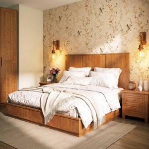 English Elm King Solid Pine Bed Frame with Tall Panel Headboard Honey Stain Farmhouse Style N758P482009N