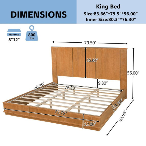 English Elm King Solid Pine Bed Frame with Tall Panel Headboard Honey Stain Farmhouse Style N758P482009N