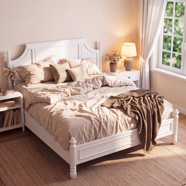 English Elm King Carved Panel Pine Platform Bed White Farmhouse Frame with Raised Headboard N758P487218K