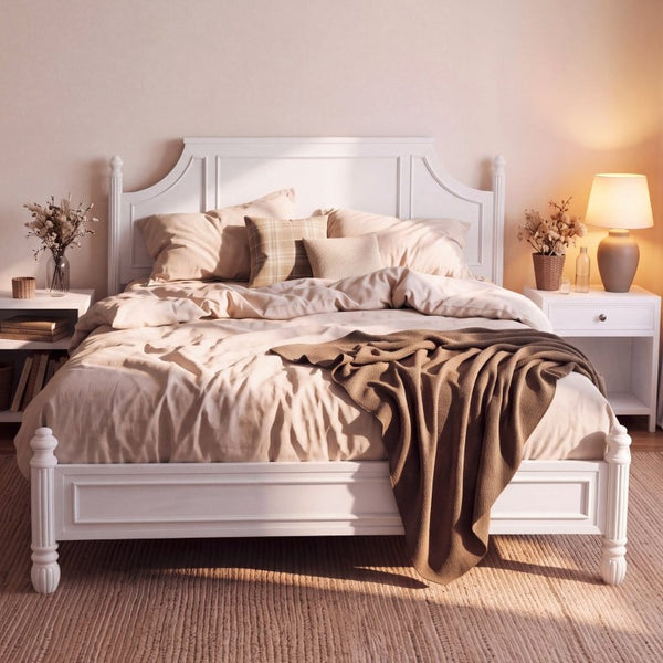 English Elm King Carved Panel Pine Platform Bed White Farmhouse Frame with Raised Headboard N758P487218K