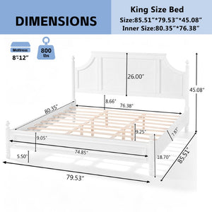 English Elm King Carved Panel Pine Platform Bed White Farmhouse Frame with Raised Headboard N758P487218K
