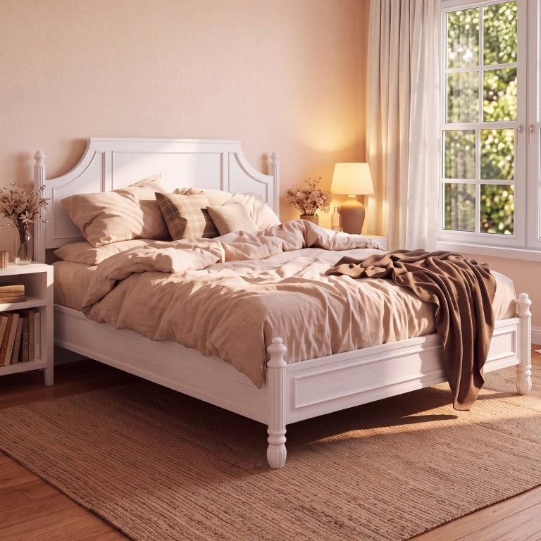 English Elm California King Pine Platform Bed Carved Panel Headboard Bright White Farmhouse N758P501631K
