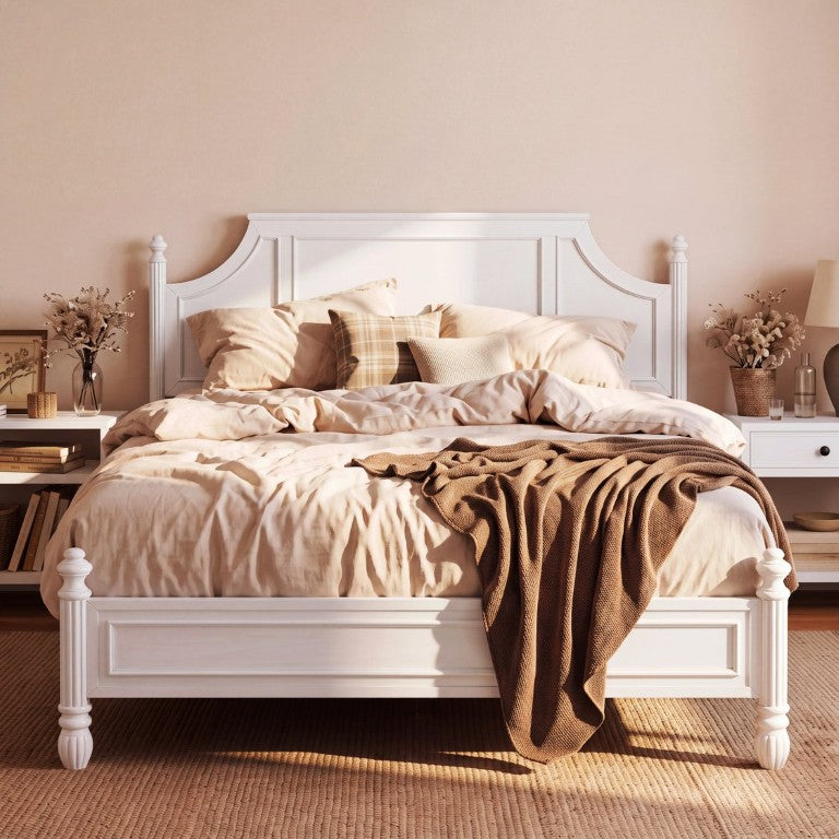English Elm California King Pine Platform Bed Carved Panel Headboard Bright White Farmhouse N758P501631K