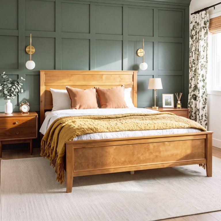 English Elm Queen Platform Bed Honey Oak Raised Panel Headboard Farmhouse Transitional Frame N758Q076465N