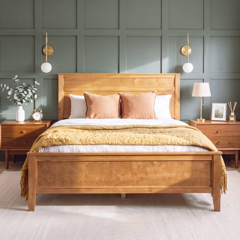 English Elm Queen Platform Bed Honey Oak Raised Panel Headboard Farmhouse Transitional Frame N758Q076465N