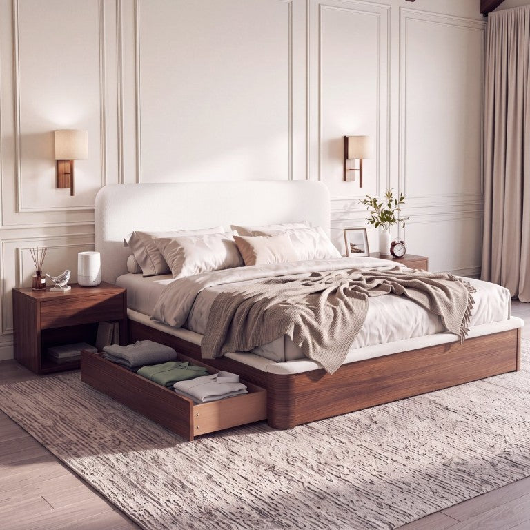 English Elm Queen Teddy Fleece Platform Bed with Rounded Headboard and Two Underbed Storage Drawers N758Q121314P