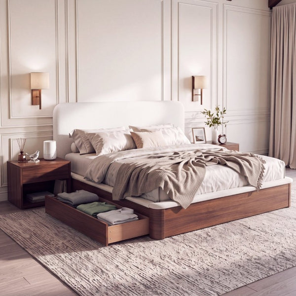 English Elm Queen Teddy Fleece Platform Bed with Rounded Headboard and Two Underbed Storage Drawers N758Q121314P