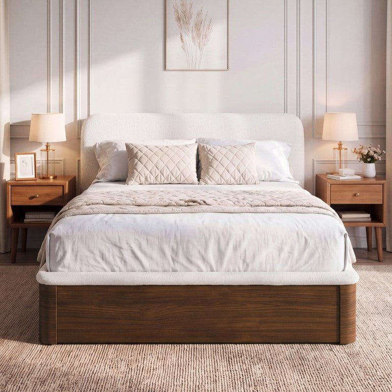 English Elm Queen Teddy Fleece Platform Bed with Rounded Headboard and Two Underbed Storage Drawers N758Q121314P