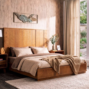 English Elm Queen Solid Pine Platform Bed with Tall Vertical Panel Headboard Honey Farmhouse Style N758Q201819N
