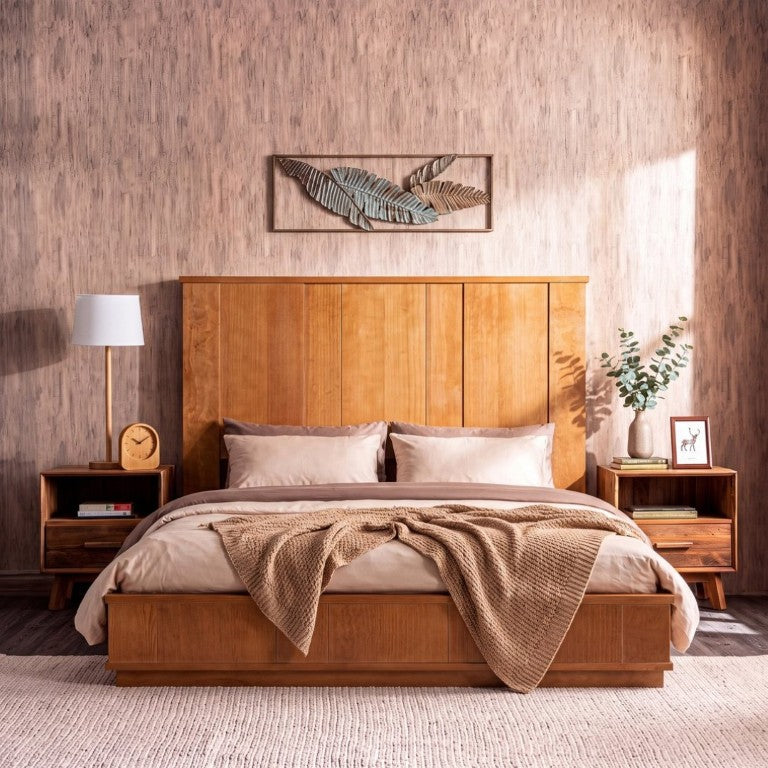 English Elm Queen Solid Pine Platform Bed with Tall Vertical Panel Headboard Honey Farmhouse Style N758Q201819N