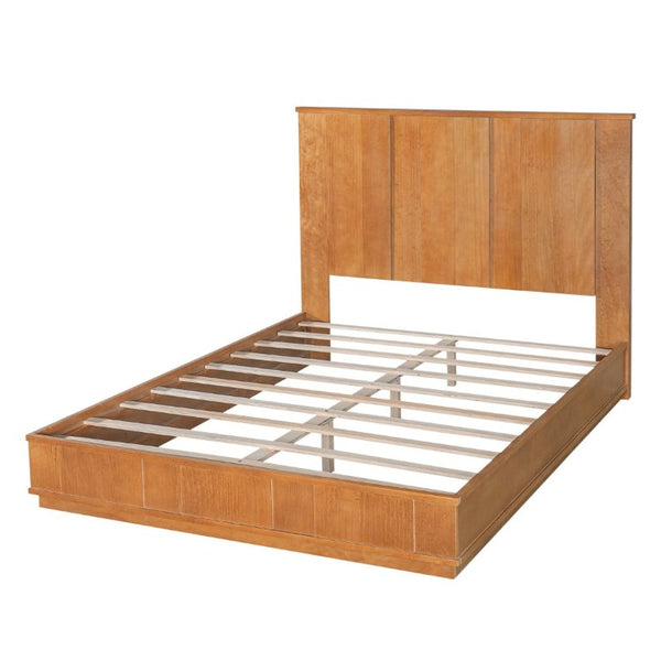 English Elm Queen Solid Pine Platform Bed with Tall Vertical Panel Headboard Honey Farmhouse Style N758Q201819N