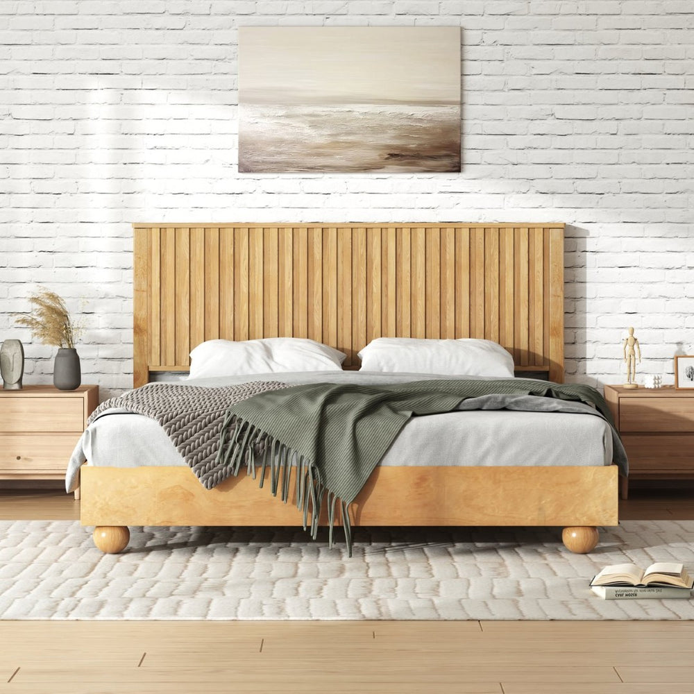 English Elm Natural Solid Wood Queen Platform Bed with Reeded Headboard and Ball Feet N758Q632122N