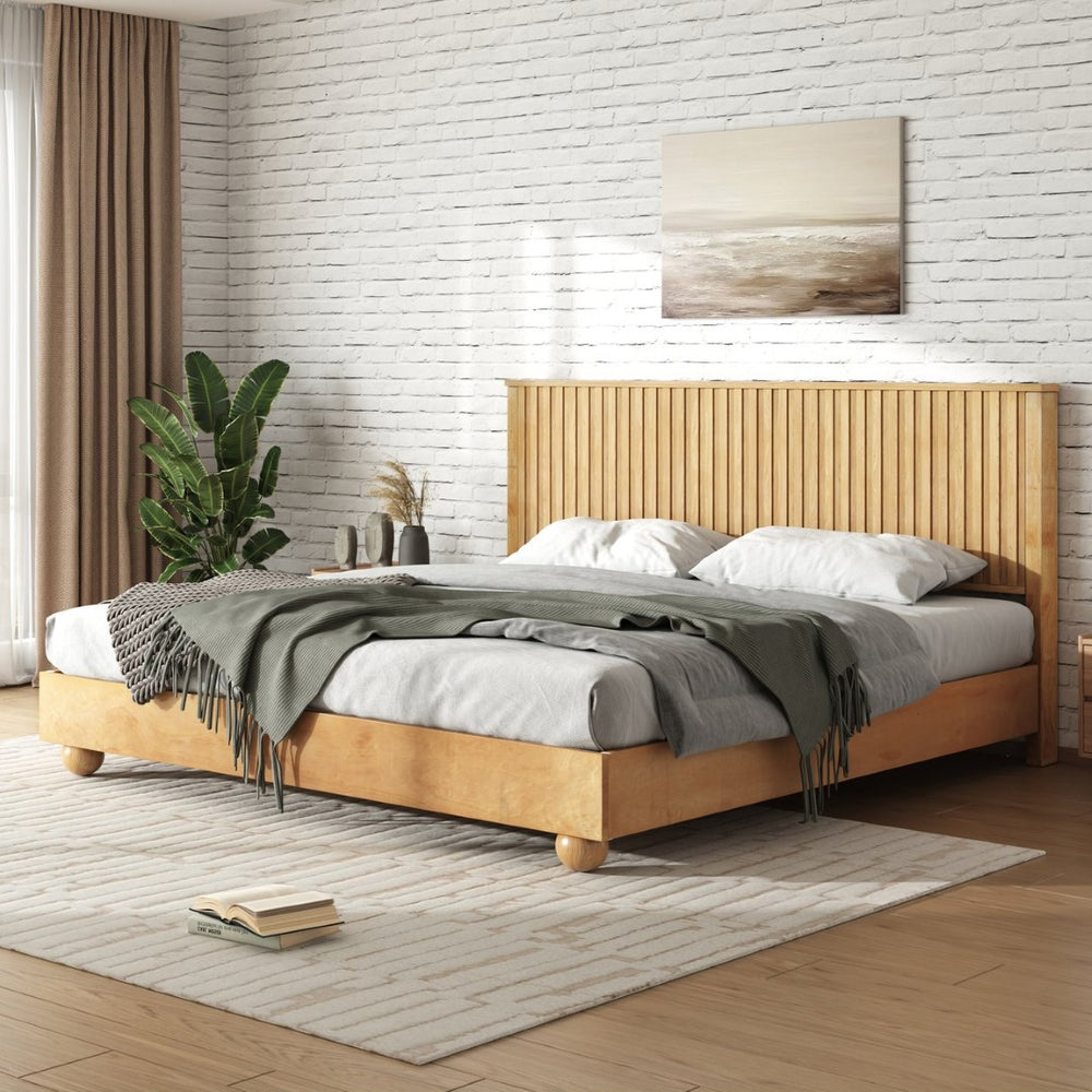 English Elm Natural Solid Wood Queen Platform Bed with Reeded Headboard and Ball Feet N758Q632122N