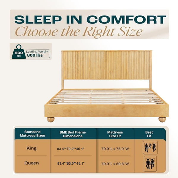 English Elm Natural Solid Wood Queen Platform Bed with Reeded Headboard and Ball Feet N758Q632122N
