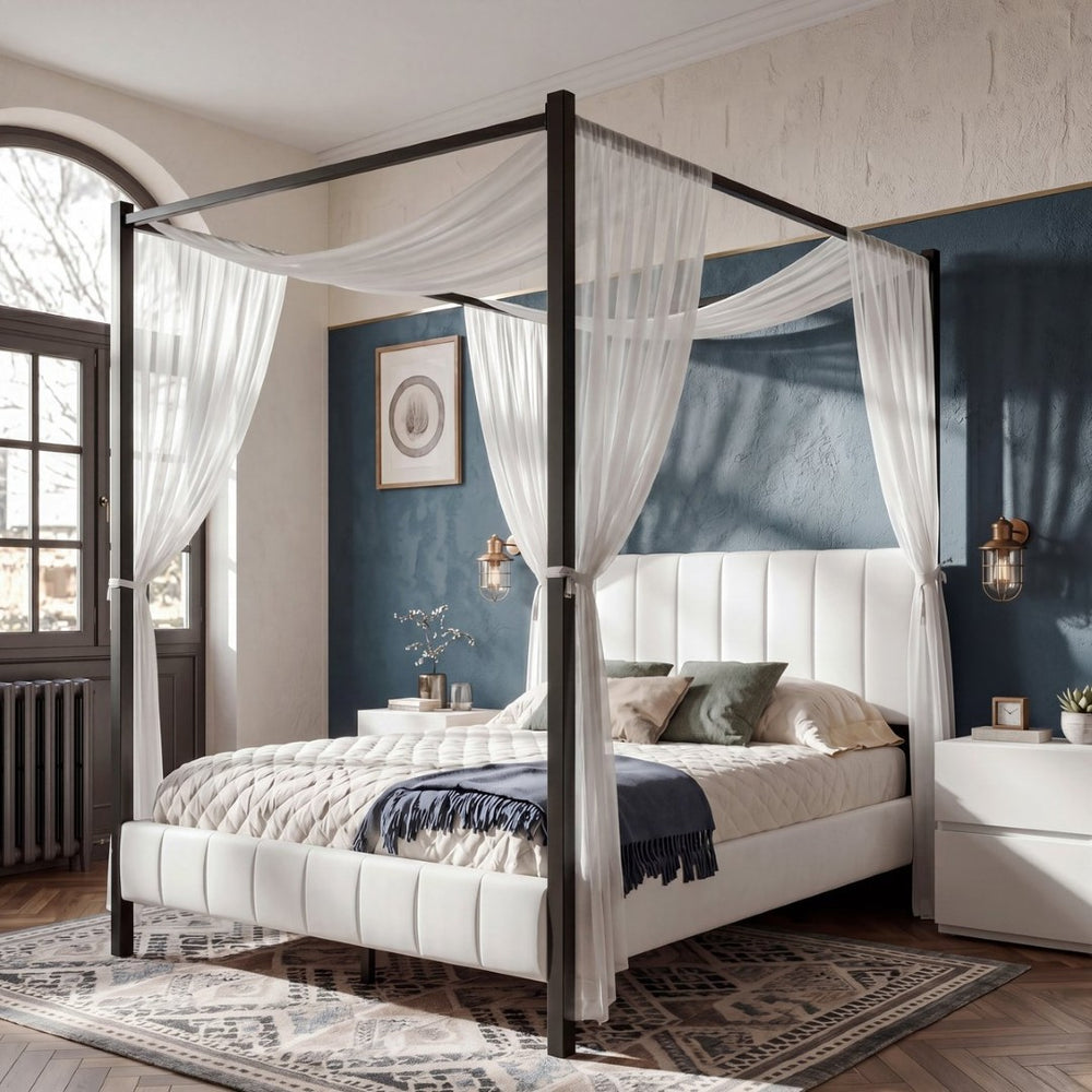 English Elm Queen Canopy Bed Matte Black Metal Frame with Tufted Upholstered Headboard Footboard N758Q646869W
