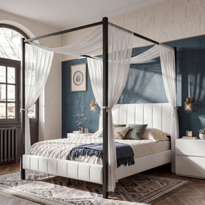 English Elm Queen Canopy Bed Matte Black Metal Frame with Tufted Upholstered Headboard Footboard N758Q646869W