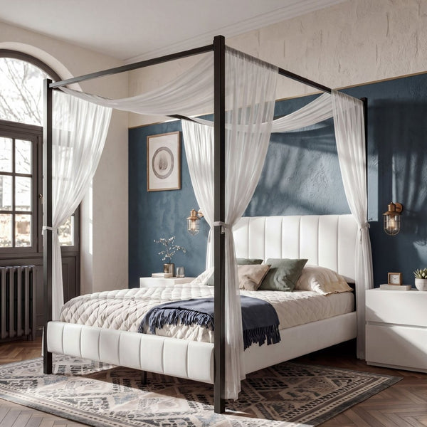 English Elm Queen Canopy Bed Matte Black Metal Frame with Tufted Upholstered Headboard Footboard N758Q646869W