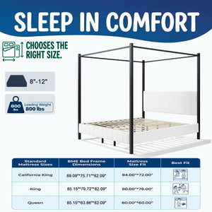 English Elm Queen Canopy Bed Matte Black Metal Frame with Tufted Upholstered Headboard Footboard N758Q646869W